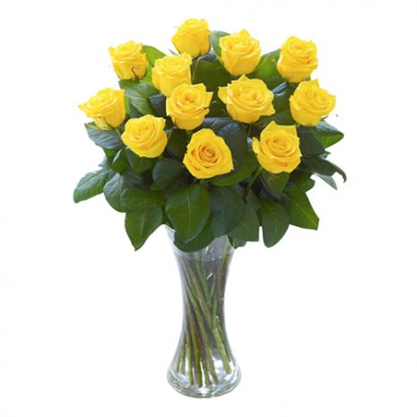 14 Pcs Imported Yellow Roses In Vase-image-0