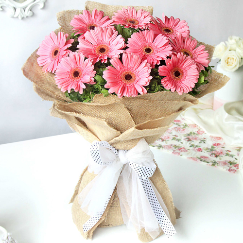10 Pcs Pink Gerberas In Bouquet-image-0